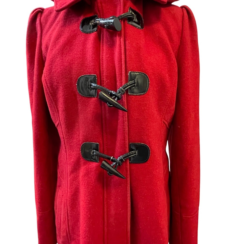 GUESS RED L Wool Blend Duffle Coat Detachable Hood Toggle Jacket Patton Loops - Picture 3 of 16